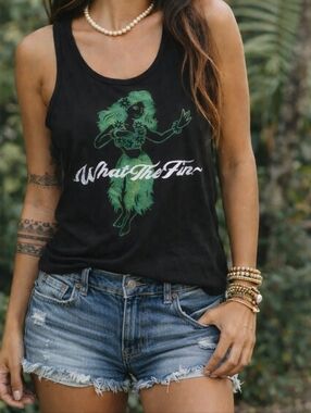 What The Fin Tank Top Womens Medium Black Mermaid Graphic Beach Festival Cotton